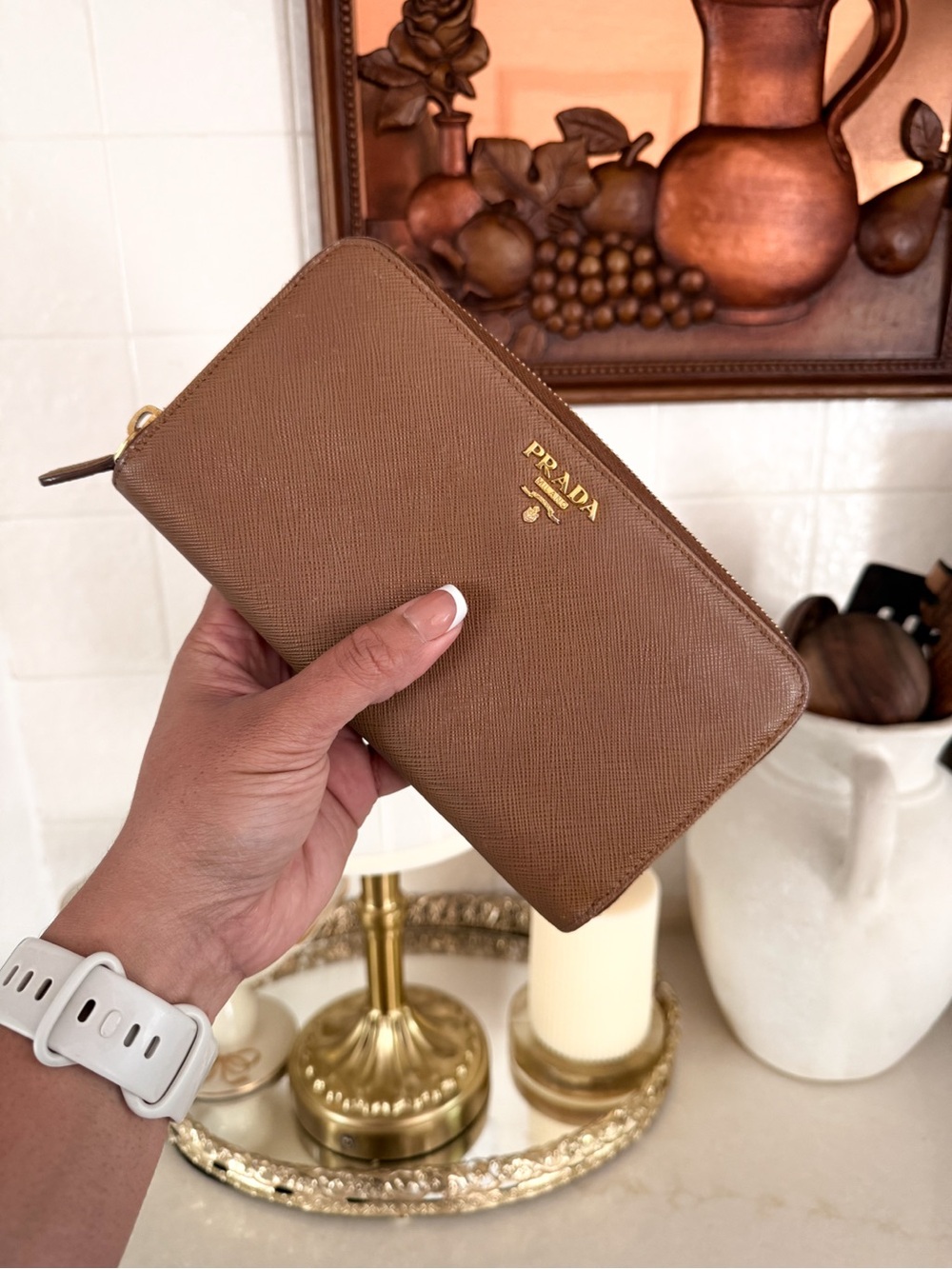 Prada Chocolate Brown Saffiano Zip Wallet with Gold Logo - Picture 4 of 15
